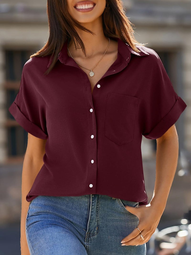 Beautife Womens Short Sleeve Shirts V Neck Collared Button Down Shirt Tops with Pockets (Small, Wine Red) - Image 3